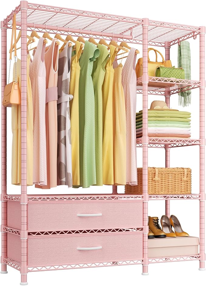 Ulif F3 Heavy Duty Clothes Rack（With Fabric Drawers）Freestanding Clothing Racks for Hanging Clothes，Adjustable Closet Organizer System，Portable Garment Rack 40" W x 15" D x 72" H，Max Load 700LBS，Pink
