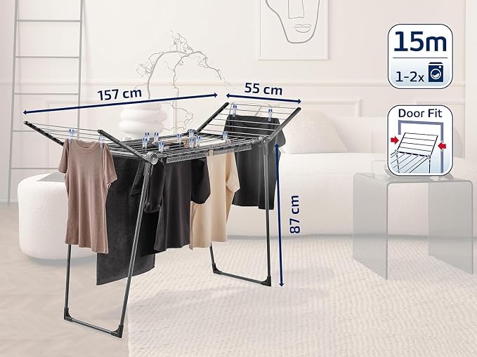 Leifheit Pegasus 150 Solid Slim Black Edition Clothes Airer, Stable Tumble Dryer, Long Wings, Particularly Compact Wing Balcony Airer that Goes Through Narrow Doors