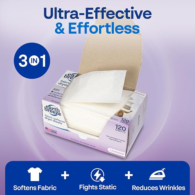 Earth Breeze Fabric Softener Dryer Sheets Lavender (2 Pack) | Hypoallergenic, No Harsh Chemicals, Safe Ingredients – Soft Clothes – Static Cling & Wrinkle Reducer – Gentle Fabric Care