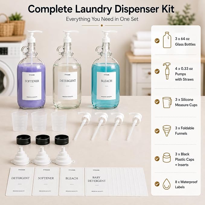 3 Pack Glass Laundry Detergent Dispensers, 64 oz Half Gallon Bottles | Includes Pumps, Labels, Funnels and Measuring Cups for Organizing Laundry Detergent, Softener and Scent Boosters.