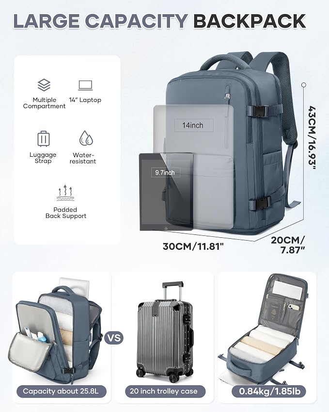 Large Travel Gym Backpack Women Carry On Backpack Flight Approved Hiking Waterproof Rucksack Casual Daypack Laptop bags airplanes Shoes Compartment Personal Item Travel Weekender Essentials JewelBlue