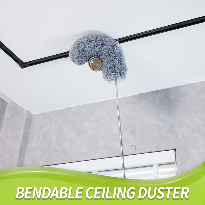 IVYROLL Duster with Extension Pole for Cleaning (2 Microfiber Heads Kit), 100" Long Feather Duster for High Ceilings with Washable Head, Cleaning Supplies for Housekeeping, Ceiling Fan, Furniture