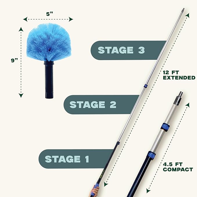 EVERSPROUT 5-to-12 Foot Cobweb Duster & Pole Combo, Extendable to 20 Ft | For High Ceilings and Spider Webs, Vents, Wall Edges, Baseboards and More, Soft Bristles, Adjustable Pole