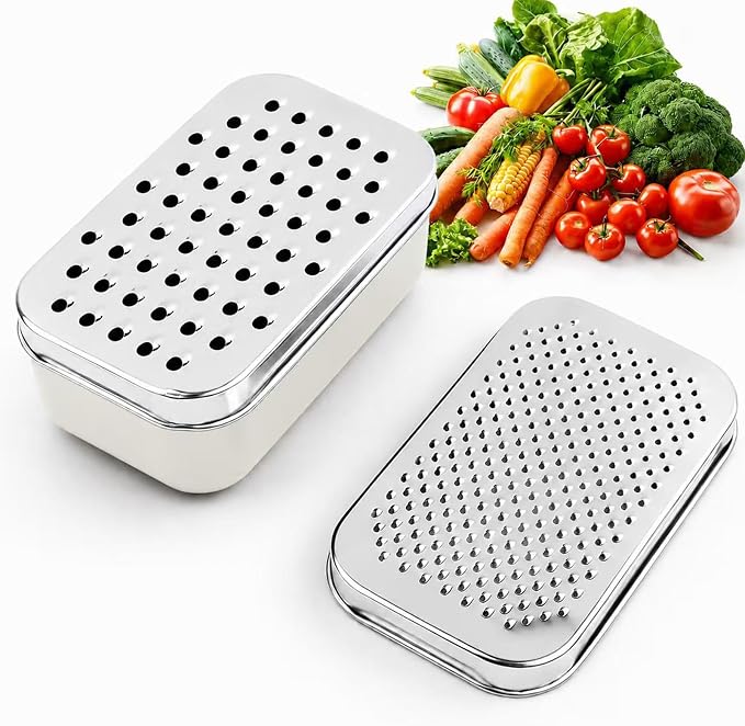 Cheese Grater with Storage Container, Box Grater Stainless Steel for Vegetables, Cheese Shredder 2 Sharp Blades for Fine & Coarse, Non-Slip Base, Lemon Zester, Includes Cleaning Brush (White)