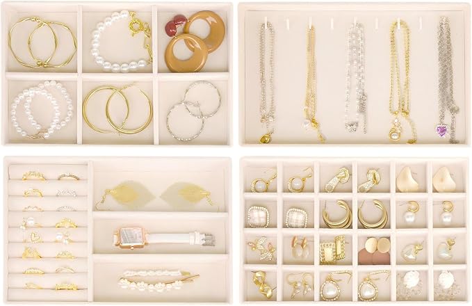 Cirhy Velvet Jewelry Drawer Organizer Trays – Stackable Jewelry Trays for Drawers, Set of 4 Jewelry Organizer for Drawer Inserts, Display Storage Box for Earrings, Rings, Necklaces, Bracelets