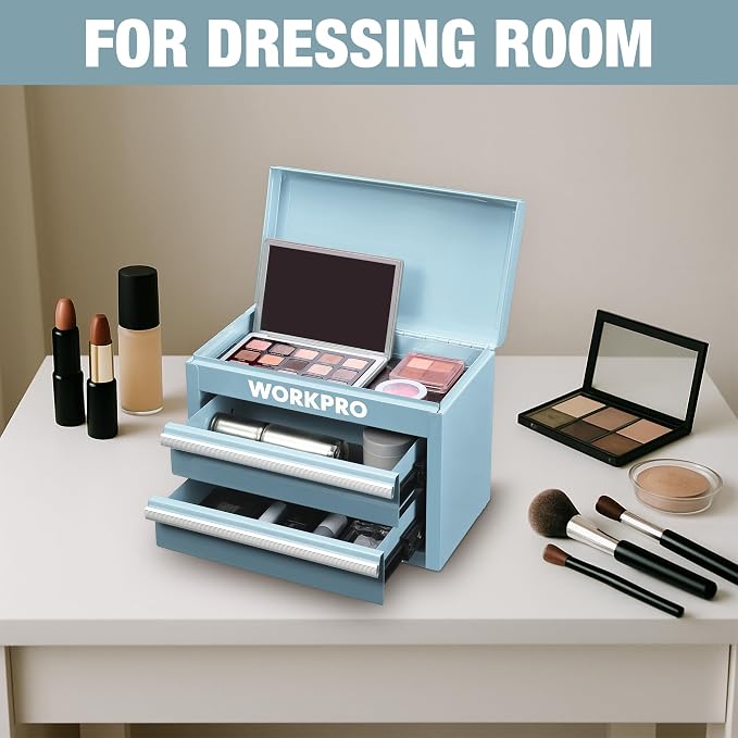 WORKPRO Metal Mini Tool Box with 2 Drawers and Top Storage | Cold Rolled Steel Toolbox, Ball Bearing Slides, PVC Drawer Liners, PP Feet Pads, Durable Storage
