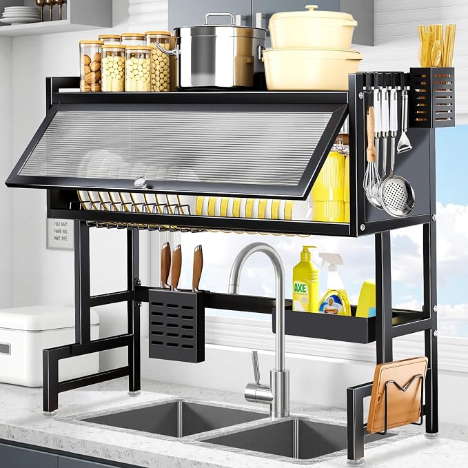 Over the Sink Dish Drying Rack – 3 Tier with Cover, Space-Saving Dish Drainer Organizer for Dishes, Glasses, Bowls & Cutlery, Tidy Kitchen Counter Storage Solution
