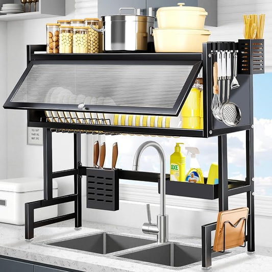 Over the Sink Dish Drying Rack – 3 Tier with Cover, Space-Saving Dish Drainer Organizer for Dishes, Glasses, Bowls & Cutlery, Tidy Kitchen Counter Storage Solution