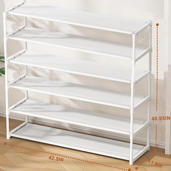 LUKYTOWER Extra Long Shoe Rack 6 Tier 39Pairs with 2 Hooks | Sturdy Wide Stackable Shoe Organizer for Closet, Entryway, Front Door Entrance, Durable Shoe Shelf Stand, Black Shoe Storage