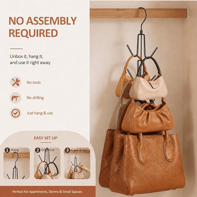 ZEDODIER 4 Pack Purse Organizer for Closet, Heavy-Duty Hanging Purse Hanger Closet Holds Up to 24 Purses, Metal Rotating Space Saving Bag Holder Handbag Storage Hook Backpack Rack, Black