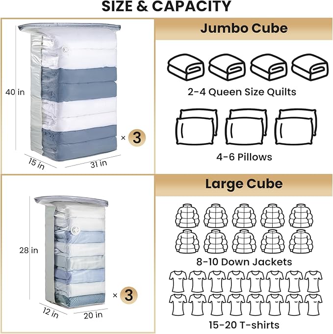 TAILI 6 Pack Vacuum Storage Bags, Cube Space Bags (3 Jumbo +3 Medium), Combo Vacuum Seal Bags for Clothing, Bedding, Comforters, Blankets, No Pump Compression Cube, 2 Size, Cream