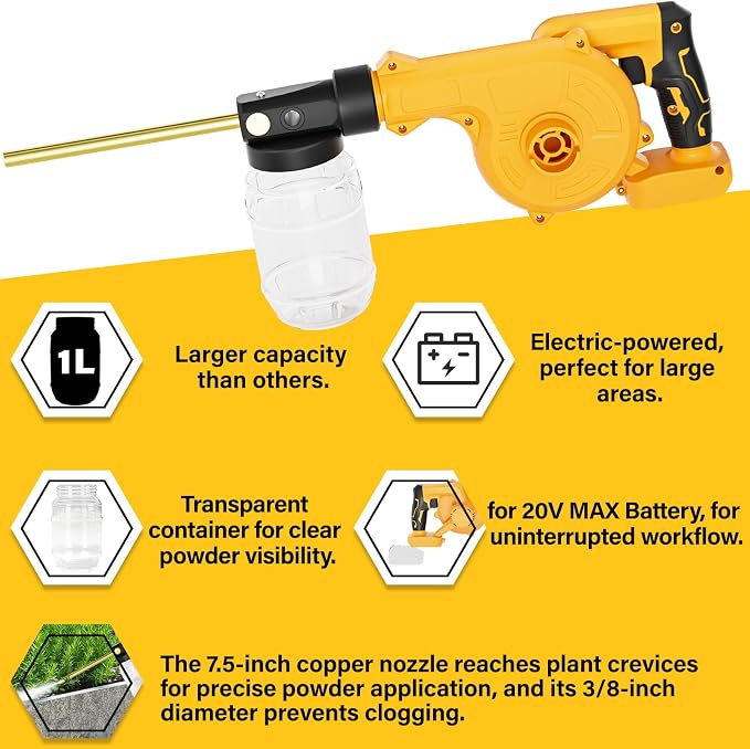 Dinftin Electric Diatomaceous Earth Duster Compatible for DeWalt 20V Battery(Battery Not Included), Garden Dust Applicator with 1L Capacity and 7.5" Nozzle, Versatile Leaf Blower & Powder Sprayer