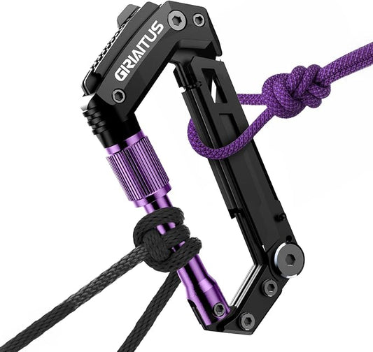 Carabiner Multitool with Pocket Knives, EDC Carabiners Gift for Camping Men | Serrated Knife, Rope Cutter, Screwdriver, Can Bottle Opener, Ruler, Folding Knife for Hiking, (Purple)