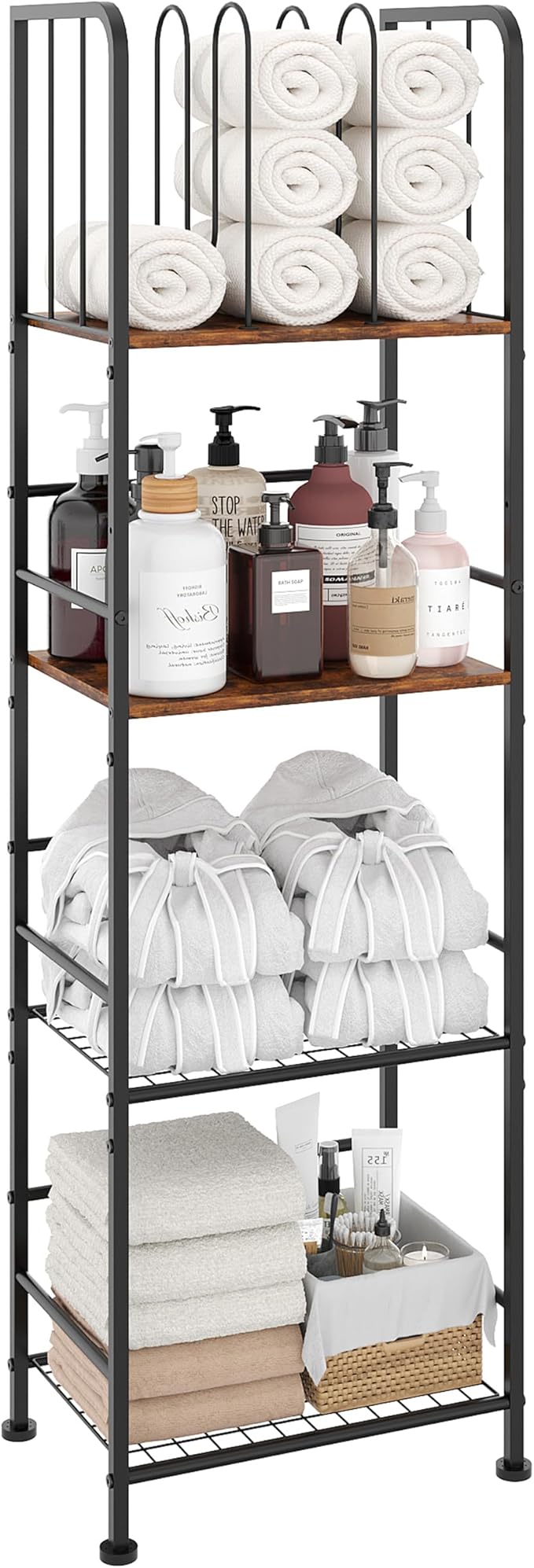 Towel Rack Free Standing 4-Tier M-Shaped Detachable Dividers, Durable Metal Towel Holder, Pool Items Holder, Space-Saving Storage Organizer, Modern Bath Towel Shelf for Bathroom Patent Pending