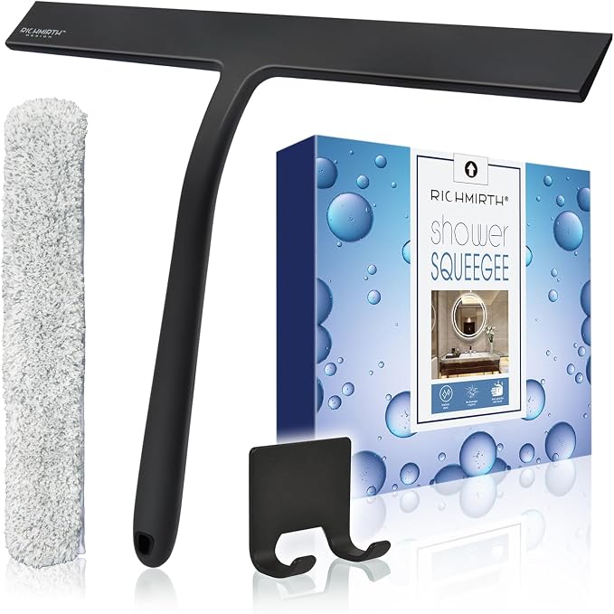 12 Inch Silicone Shower Squeegee for Glass Doors with Microfiber Cloth & Hook, Streak-Free Window Cleaner for Bathroom Mirror Tile Car, No-Scratch Squeegee with Rustproof Metal Core (Black)