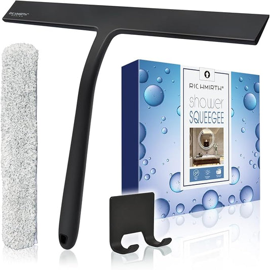 12 Inch Silicone Shower Squeegee for Glass Doors with Microfiber Cloth & Hook, Streak-Free Window Cleaner for Bathroom Mirror Tile Car, No-Scratch Squeegee with Rustproof Metal Core (Black)