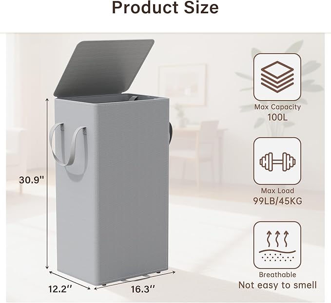 Criusia Laundry Hamper with Lid and Foot Pedal, 100L Fabric Laundry Basket with Removable Mesh Bag, Slim Foldable Design for Bathroom and Laundry Room (Gery)