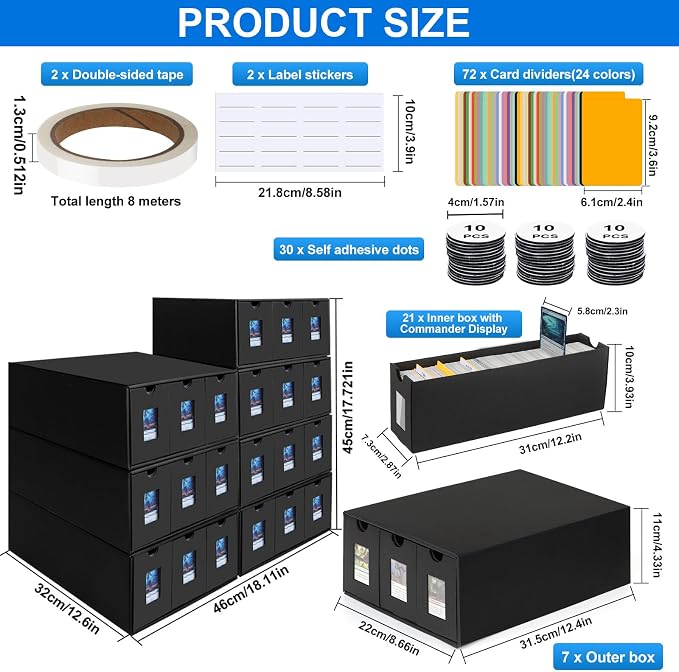 Trading Card Storage Box for 21000+, Card Deck Box for MTG Commander Display, Card Organizer Box with 72 Card Dividers, Labels & Tapes, Compatible with TCG, PTCG, MTG and Sport Cards