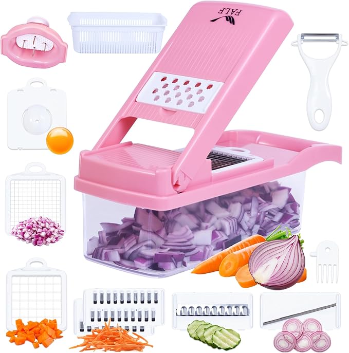 16-in-1 Vegetable Chopper & Mandoline Slicer with Container, Food Chopper, Onion Dicer, Cheese Grater, Vegetable Cutter for Potato, Carrot, Cucumber, Garlic, Meal Prep, Pink