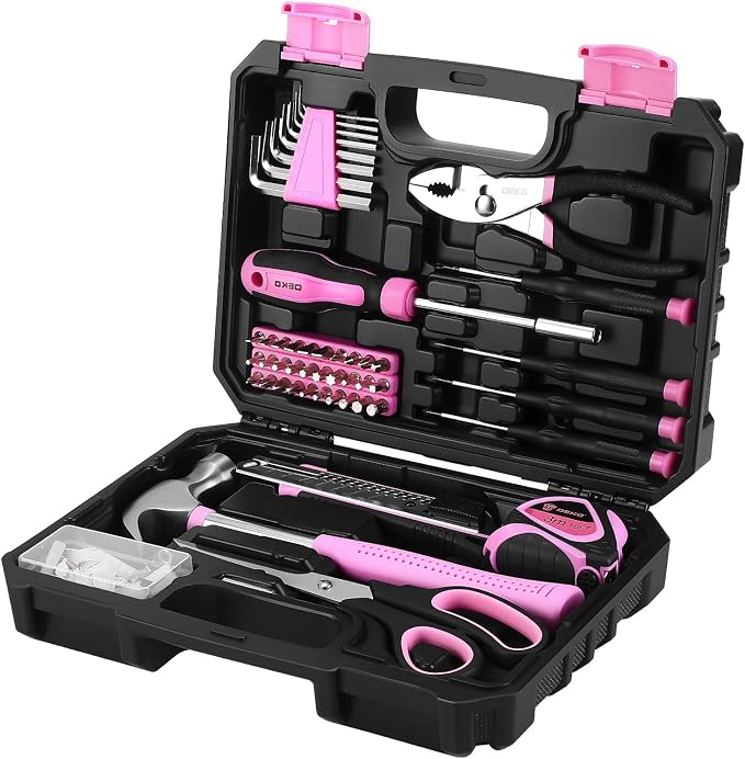 DEKOPRO 50 Piece General Household Hand Tool Kit with Plastic Toolbox Storage Case, All Purpose Home Tool Kit Includes Essential Tools for Office College Repairs - Pink