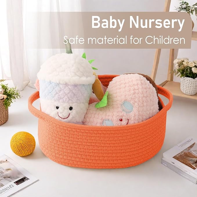 JMvicyroam Woven Basket,Small Rope Storage Bin with Handles & Ribbon Bag, Organizer for Shelves Closets,Gift Basket Empty for Birthday,Books,Dog Toys,Orange/3 Pack
