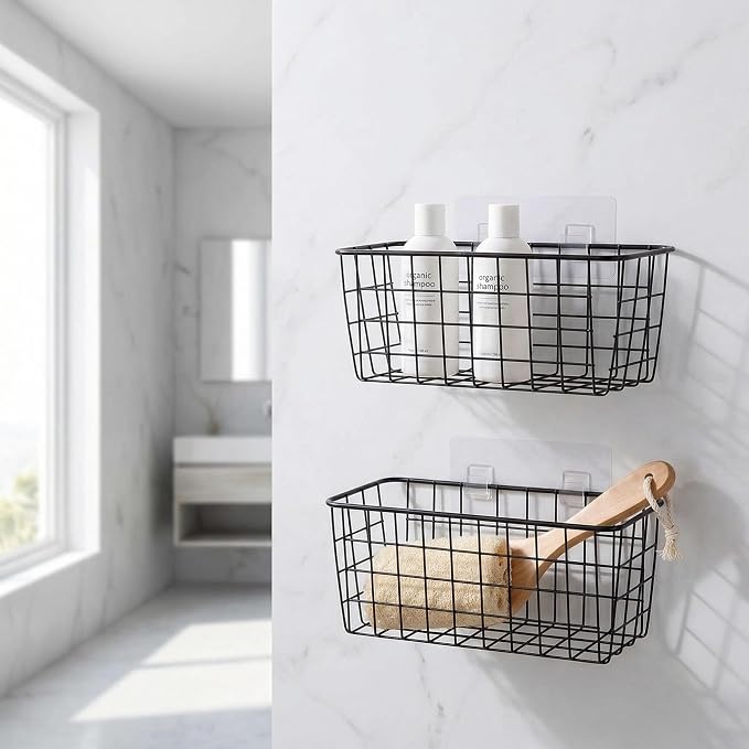 2 Set Adhesive Hanging Wall Basket Inside Cabinet Door Organizer,Wall Storage Basket-No Drilling Adhesive wall Basket for Cupboard Door,Space-Saving Small Hanging Baskets for Wall Mount Storage,Black