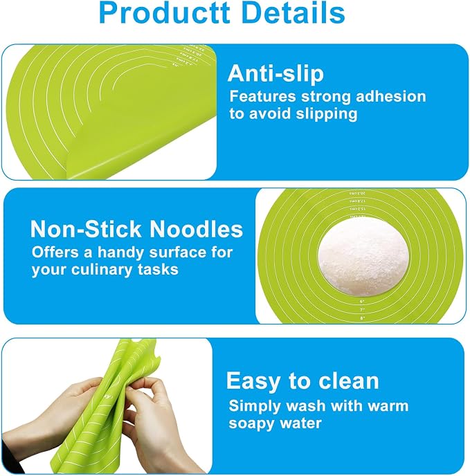 12 Inch Round Silicone Cake Mat with Measurements, Non-Stick Baking Mat for Cake Turntable, Dough Rolling, Cookies & Pizza, Heat Resistant Reusable Pastry Pad(Green)