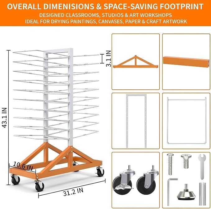 20-Tier Paint Drying Rack for Cabinet Doors and Wood Panels | Heavy-duty steel rack with locking wheels holds doors, drawer fronts, trim, and panels while saving valuable shop space