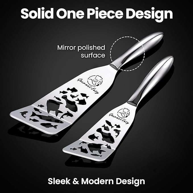 Stainless Steel Fish Spatula Set – Funky Fish Edition, 1 Large Fish Turner + 1 Small Metal Spatula, Ultra-Thin Edge for Easy Turning & Flipping, Ergonomic Non-Slip Handle, Dishwasher Safe