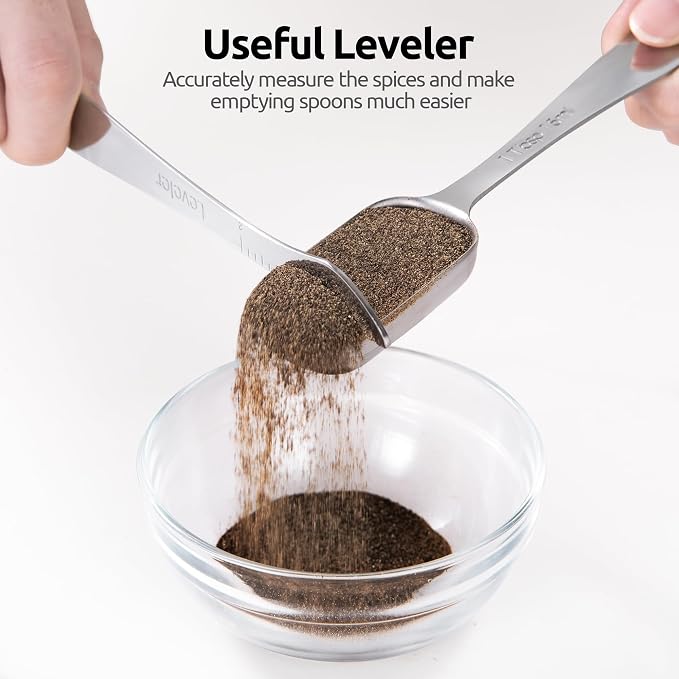 U-Taste Narrow Square Measuring Spoons: 18/8 Stainless Steel Kitchen Measure Teaspoon Tablespoon with Leveler, Polygon Rectangular Metal Jar Scoop for Baking Cooking, Coffee, Spice, Powder (Set of 7)