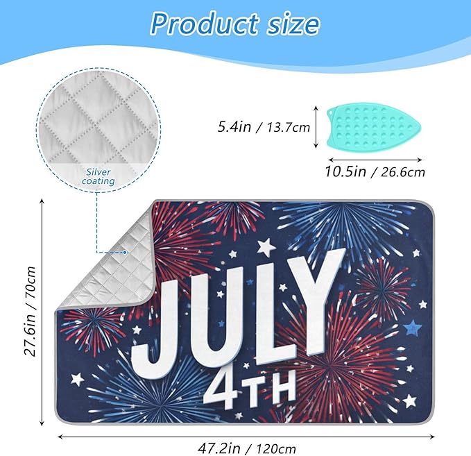 Ironing Mat Portable Ironing Pad Blanket with Silicone Iron Rest for Table Top Travel Heat Resistant Double-Side Using Large 47x28 Inch Foldable July 4th Blue Fireworks Stars
