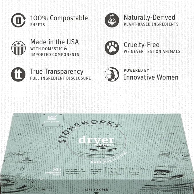 Grab Green Stoneworks Dryer Sheets, Unscented, 160 Count, Compostable | Softens fabrics; Reduces Static; Cruelty-free; Plant & Mineral Based; No Harsh Chemicals
