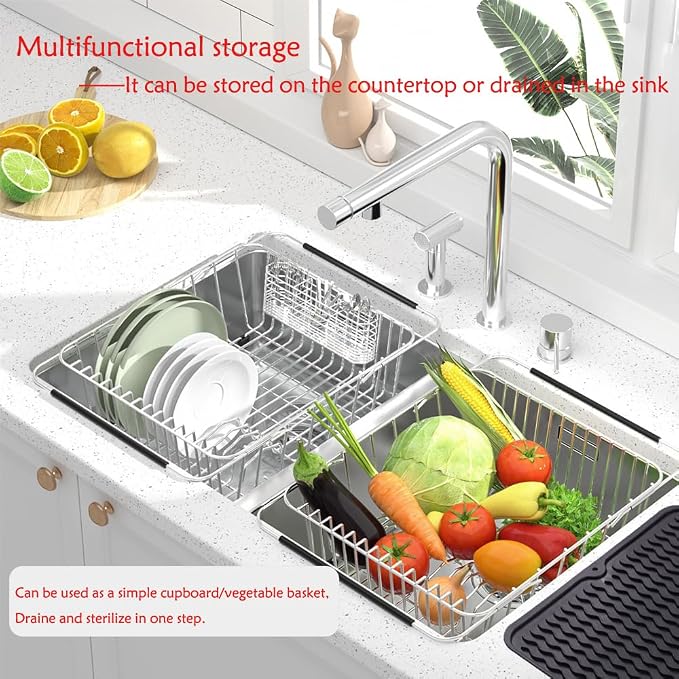 NiuYichee Stainless Steel Dish Drying Rack(15"L X 12.6"W X 4.7"H), Expandable Fruit & Vegetable Drain Rack over Sink, Dish Drainer Rack in Sink, with Stainless Steel Utensil Holder & Silicone Mat(16")
