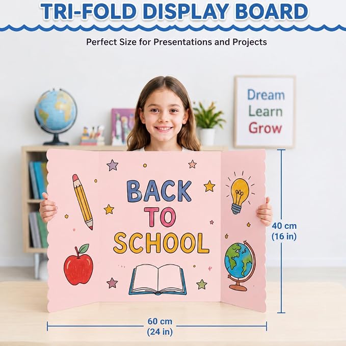 Mooliwe 4 Pack 24" x 16" Trifold Poster Board, Small Colored Tri Fold Corrugated Display Boards with Scalloped Edges for Science Fair, School Projects Presentation, Classroom & Back to School Supplies