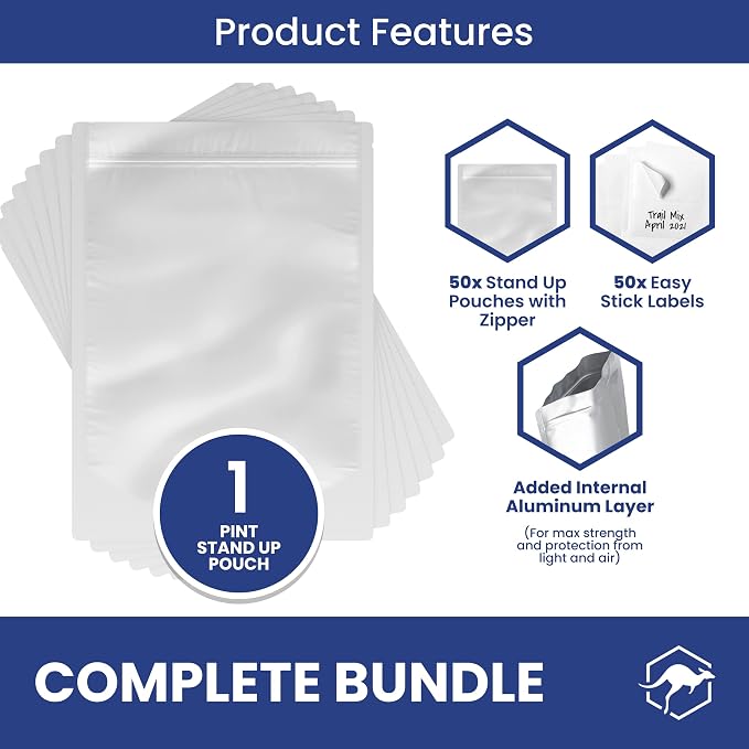 Wallaby 50 Count 1-Pint Gusset Mylar Bags with Labels, 11 Mil Total Thickness Long-Term Food Storage Pouches, 8x6 Stand-Up Zipper Heat-Sealable Airtight Packaging - Silver