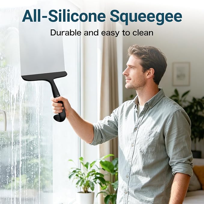 SetSail Shower Squeegee for Glass Doors, One-piece All Silicone Squeegee | Streak-Free Bathroom Squeegee for Shower Glass Window Mirror Tile Wall, Built-in Hook, Ergonomic Grip, Black（9.5-inch）