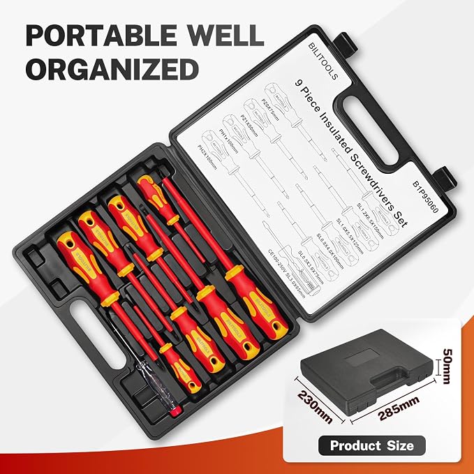 BILITOOLS 9-Piece 1000V Insulated Screwdriver Set with Magnetic Tips | VDE and GS Certified, Magnetic Slotted, Phillips and Pozidriv Tips, Includes Voltage Tester, Iusulated Tools for Electrician