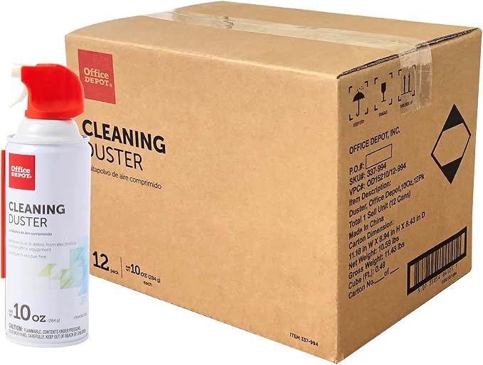 Office Depot Cleaning Duster, 10 Oz Compressed Canned Air for Electronics, Keyboard Cleaner for Computer, Laptop, PC, Printer, Office Equipment, Moisture-Free, Pack of 12
