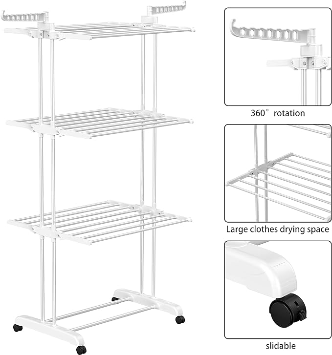 HOMIDEC Clothes Drying Rack, 4-Tier(67.7" H) Foldable Drying Rack Clothing | Foldable Stainless Steel Drying Rack, Movable Laundry Drying Rack with 4 Castors and 14 Hooks for Bed Linen, Clothing, White