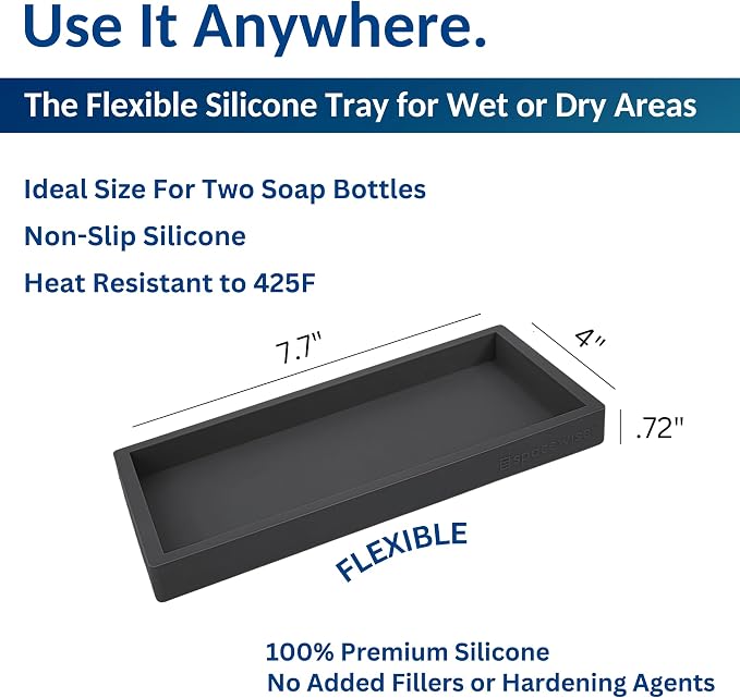 Spacewiser Countertop and Vanity Tray – Small 7.7” Silicone Tray, Soap Dispenser Trays, Bathroom Trays, Kitchen Soap Holder Sink Organizer Counter Caddy for Soaps Bottle Keys, Sponge Holder Dish Black