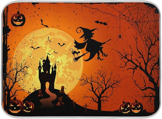 Happy Halloween Fall Pumpkin Witch Dish Drying Mat 16x18 for Kitchen Counter Spooky Castle Bats Trick or Treat Reversible Dishes Draining Mats Medium Absorbent Fast Dry Pad Halloween Accessories
