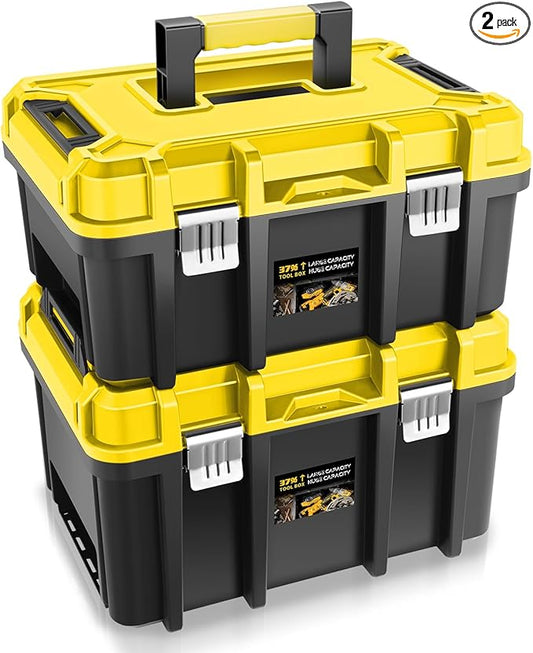 Auto Dynasty 17-Inch Tool Box, 2Pcs Toolboxes Organizer Storage with Removable Tray and Portable Handle for Garage Workshop Home Office Car Trunk, Yellow