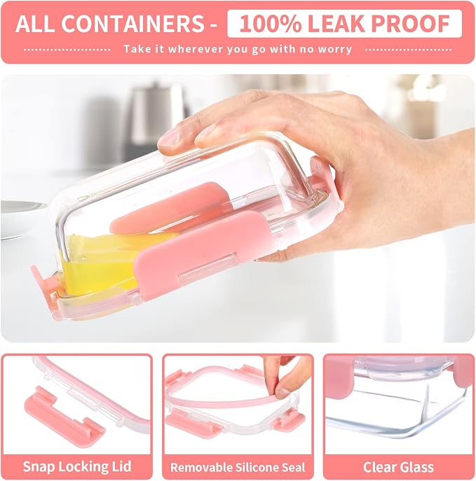 GULFLIN Small Glass Food Storage Containers 12 Pack-12oz Glass Containers with Lids for Meal Prep, Food Storage, Freezer to Microwave Safe, Air-Tight, Leak-Proof, Pink Set | Portion Control Glass Food Containers with Lids, Meal Prep, Freezer to Microwa...