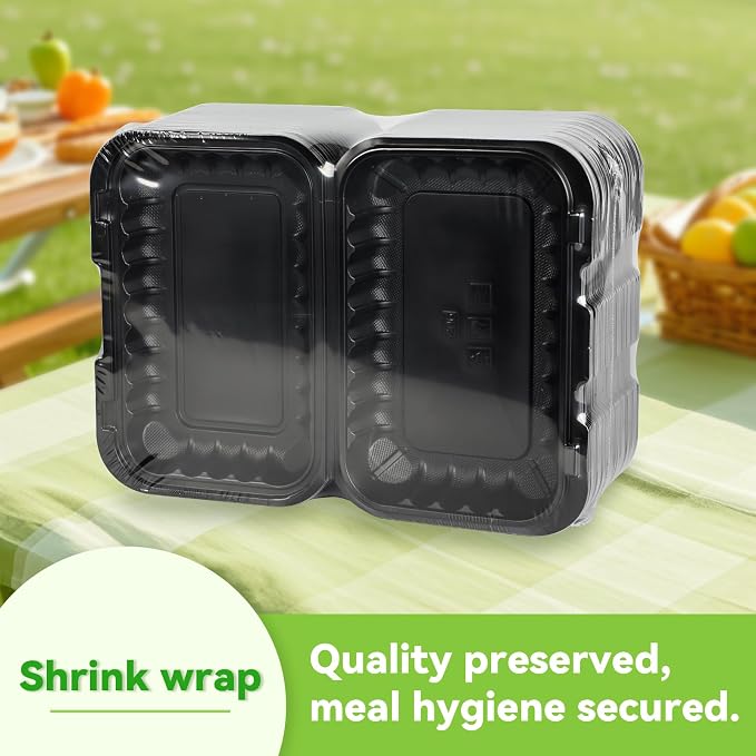 50-Pack 9x6 27oz Meal Prep Containers - Shrink Wrap Ready To Use | Rectangular Clamshell To-Go Boxes | BPA-Free & Stackable | Microwave & Dishwasher Safe for Leftovers, Lunch & Catering