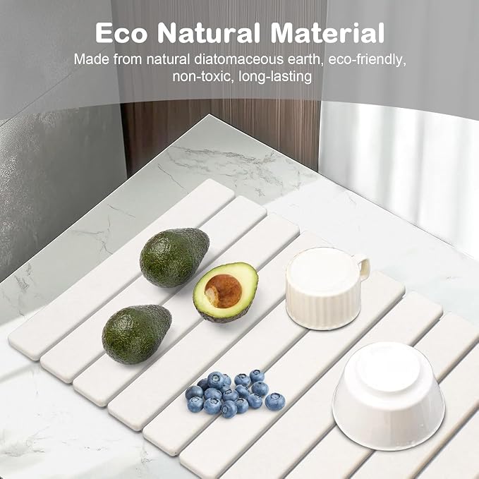 Large Stone Dish Drying Mats for Kitchen Counter, 24"×16"Dish Drying Mat with 8"x 4" Coasters, Collapsible Quick-Dry Diatomite Drying Mat for Dishes, Bottles & Cups