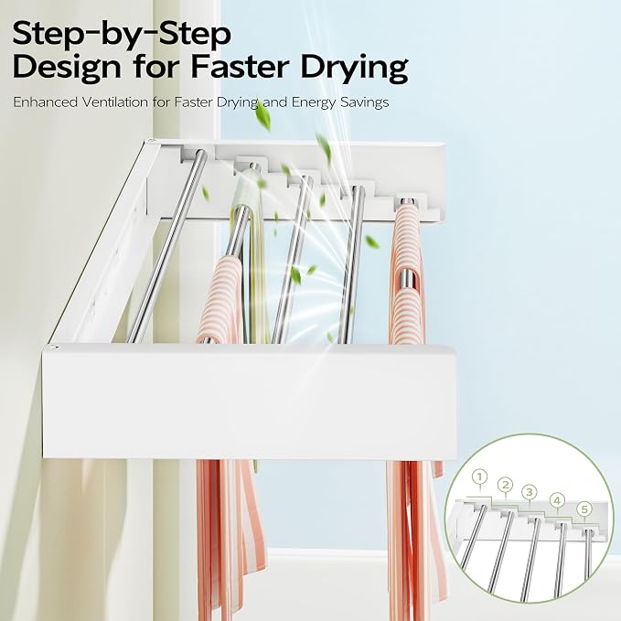 Vikaqi Wall Mounted Clothes Drying Rack 32", Foldable Wall Laundry Rack | Collapsible Drying Rack Clothing Folding Indoor, Hidden Space Saver with Wall Template, 5 Rods, White