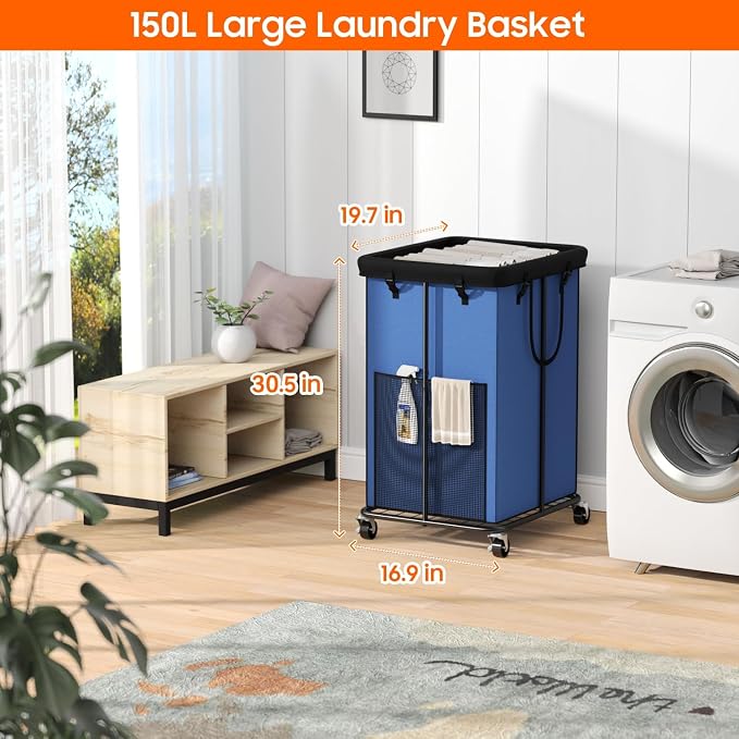 Laundry Hamper with Wheels, 150L Rolling Laundry Basket with Bag & Handles | Sturdy Metal Frame | Removable Bag | Large & Tall Dirty Clothes Hampers for Laundry Room, Bedroom, Dorm, Bathroom-Blue