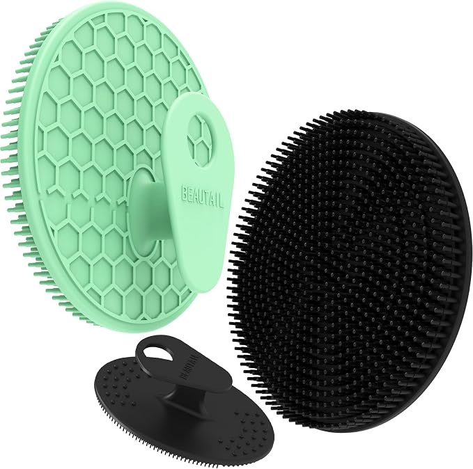 Silicone Body & Face Scrubber Set 3 Pack, BEAUTAIL Gentle Shower Scrubber | Hygienic Silicone Loofah, Easy-Grip Handle, Soft Exfoliating Bath Brush for Sensitive Skin, Women, Men & Kids (Black+Green)