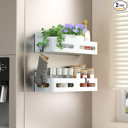 Sevenblue 2-Pack Magnetic Spice Rack for Refrigerator with Hooks, White | Strong multipurpose magnetic shelf for kitchen & bathroom organization. Includes 4 removable hooks for hanging items.