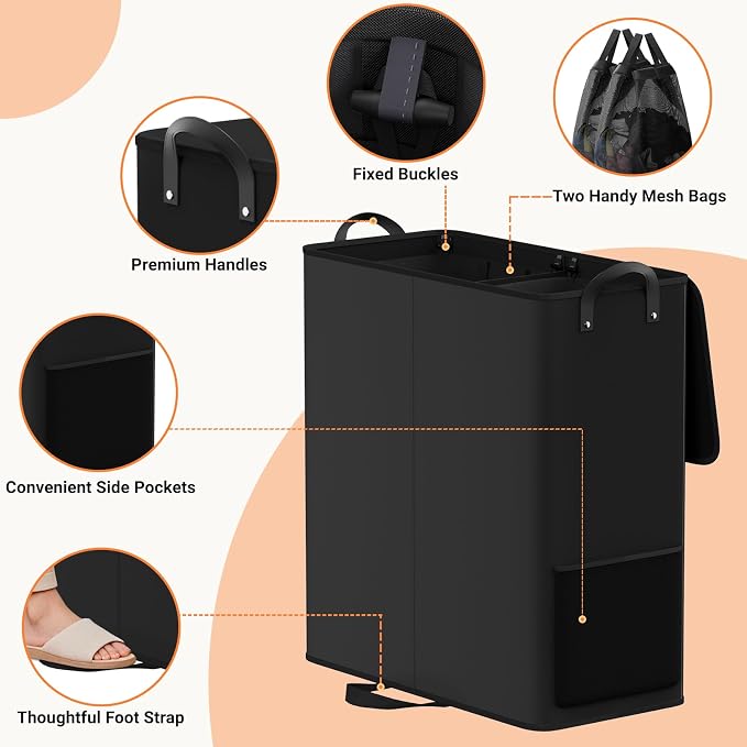 136L 2 Section Laundry Hamper with Lid, Laundry Basket, Black | Large Laundry Hampers with Reinforced Handles & Removable Bags, Tall Dirty Clothes Hamper for Laundry Room, Bedroom, Bathroom